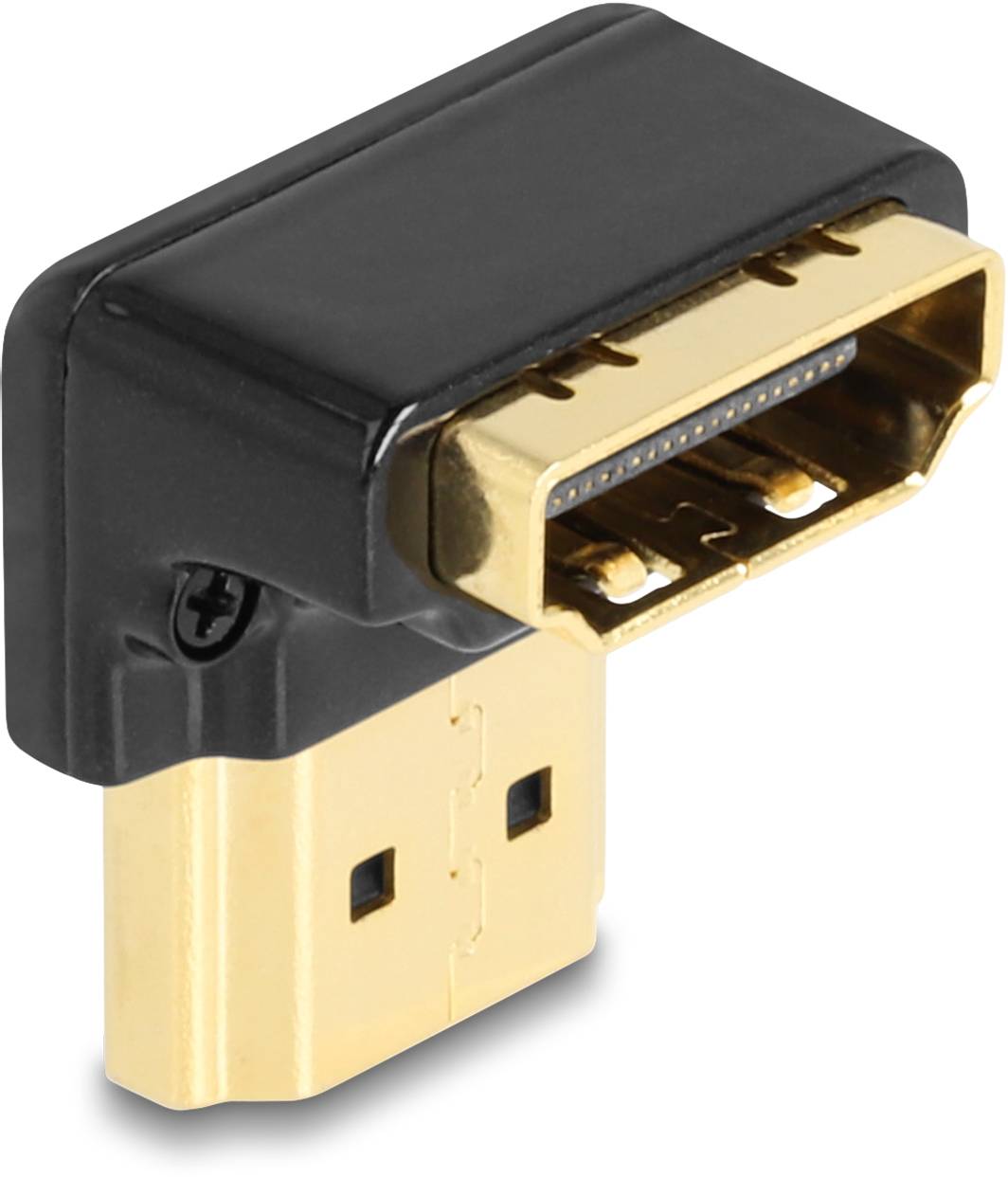 HDMI úhlový adaptér se zlatem potaženými konektory, který umožňuje ohnutí HDMI kabelu v úhlu 90 stupňů v těsných prostorech.