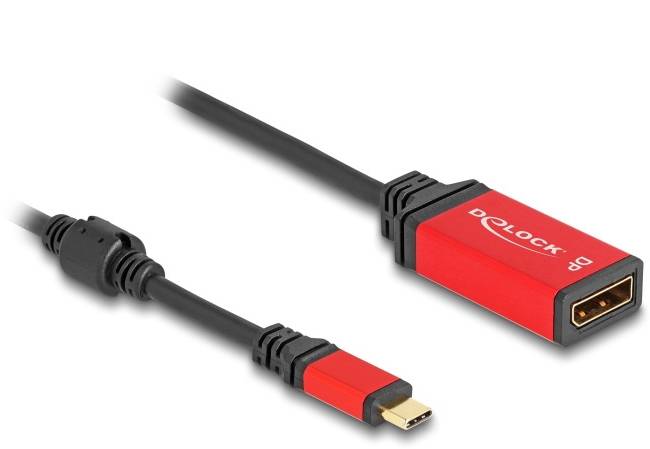 Červený adaptérový kabel s HDMI zdířkou a USB-C konektorem, vhodný pro přenos videa z USB-C zařízení na HDMI displeje.