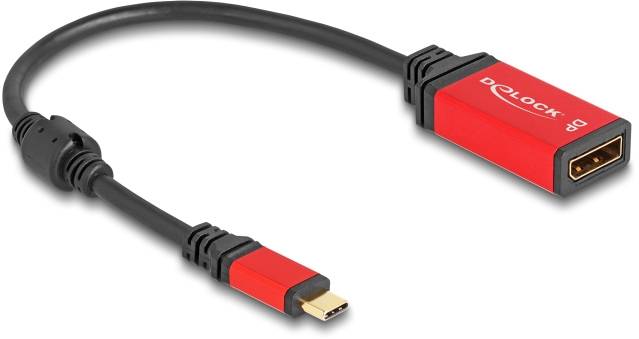 Červený adaptérový kabel s konektory Mini-DisplayPort a DisplayPort pro propojení zařízení.