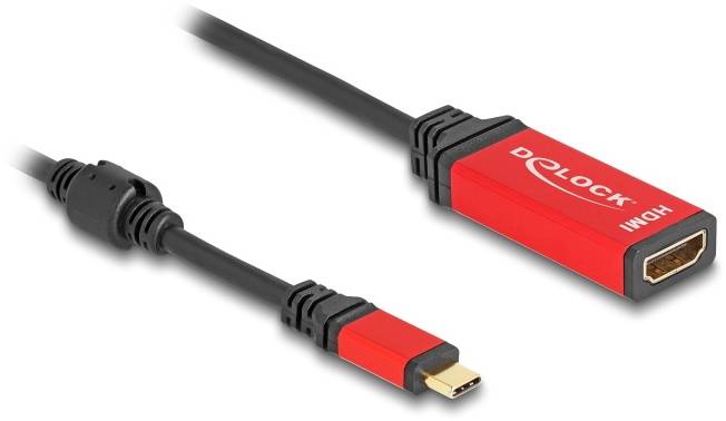 Červený adaptérový kabel HDMI od společnosti Delock s konektorem USB-C na zásuvku HDMI, vhodný pro připojení zařízení jako notebooky k monitorům.