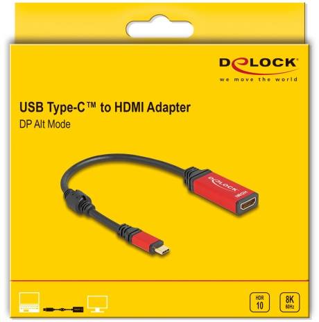 Červený obal USB Type-C na HDMI adaptéru, kompatibilní s HDR10 a 8K. Název značky v pravém horním rohu.