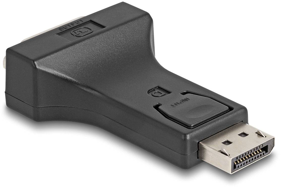 Černý adaptér DisplayPort na DVI, používaný k propojení počítačů s monitory, které mají odlišné konektory.