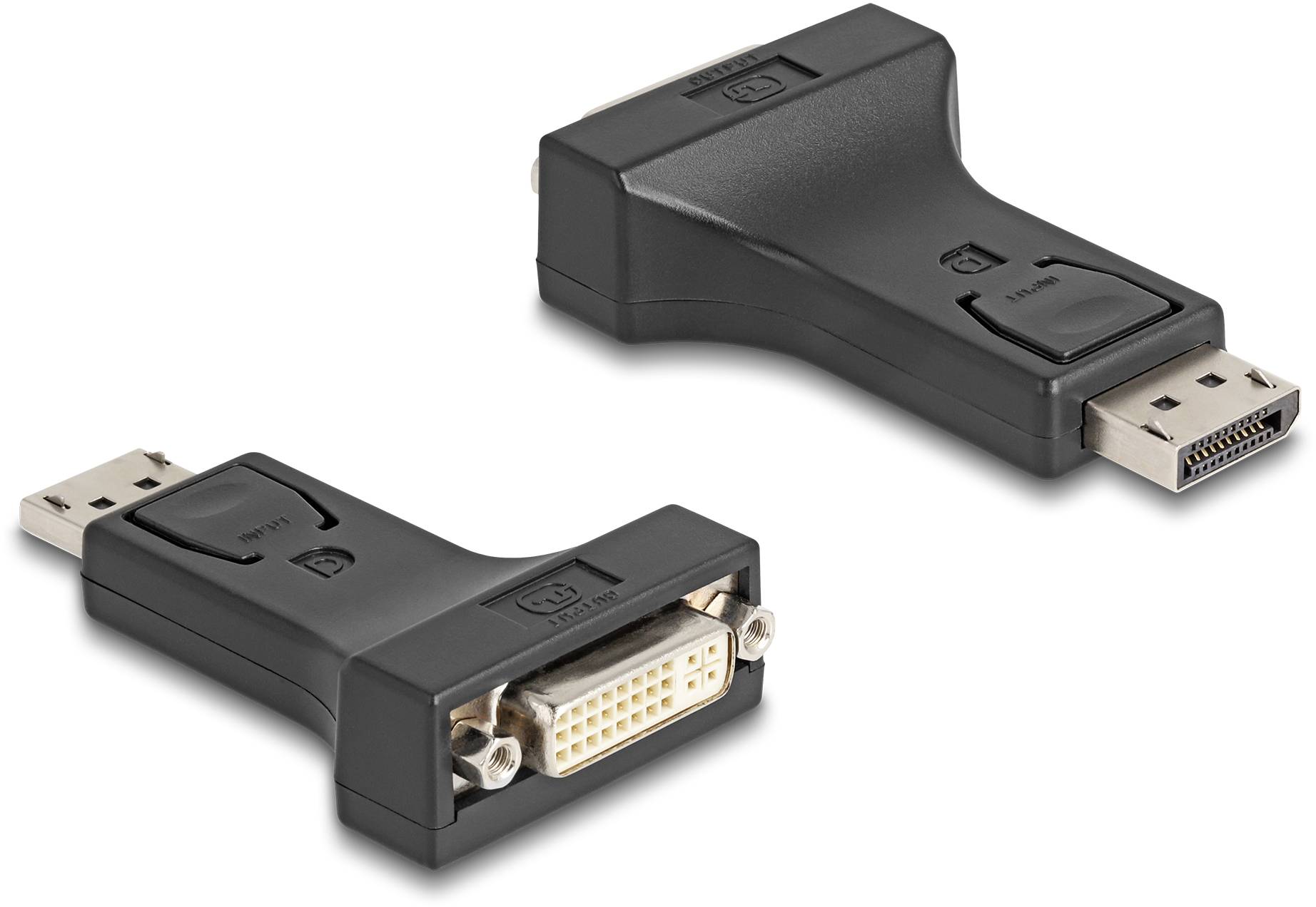 Dva adaptéry; jeden ukazuje DisplayPort a druhý DVI konektor. Jsou černé a mají tvarované konektory.