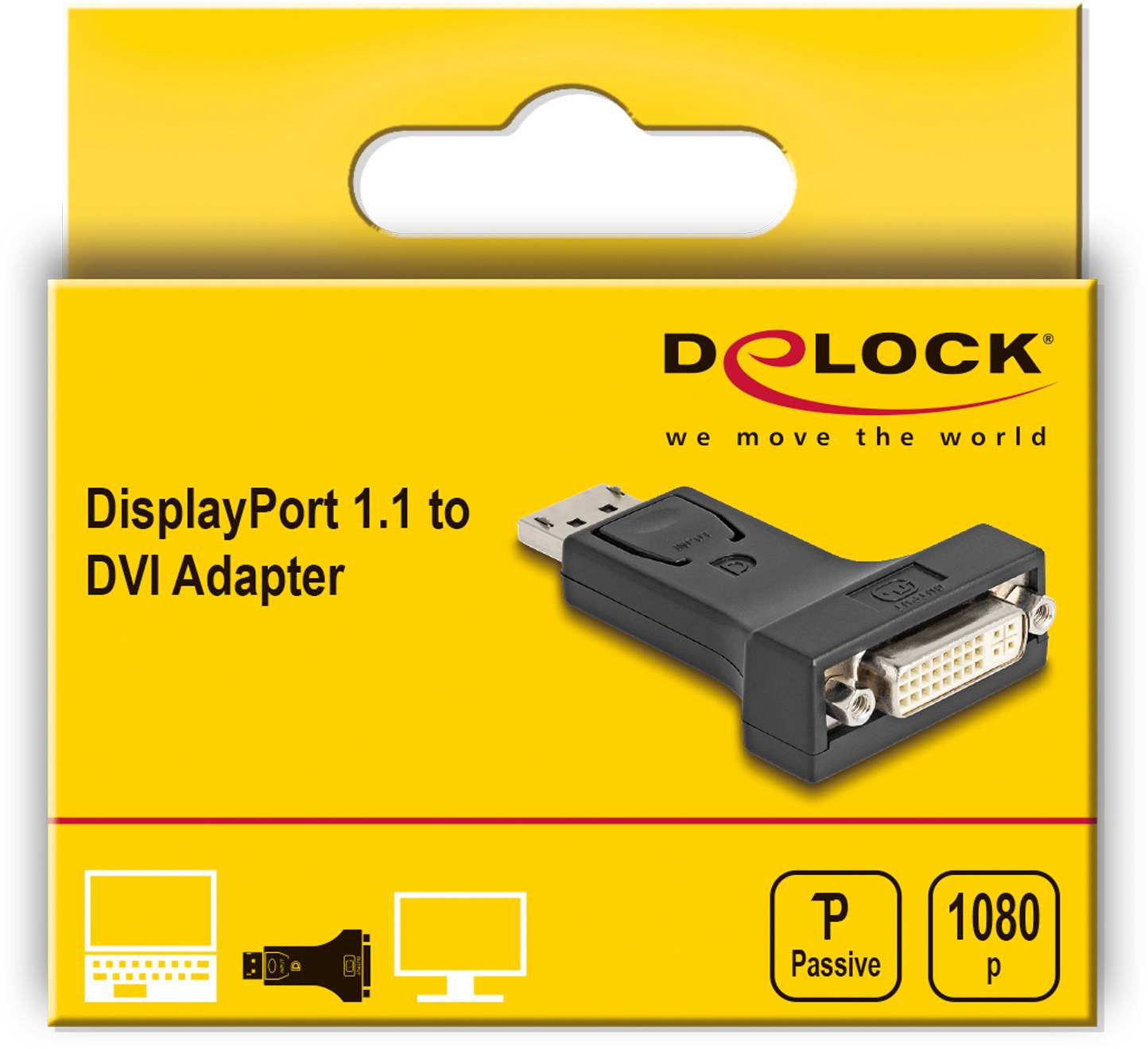 Žlutý obal adaptéru DisplayPort 1.1 na DVI od značky Delock, vhodný pro pasivní přenos, Full HD 1080p.