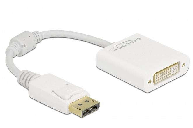 Bílý adaptérový kabel pro konverzi z DisplayPort na DVI, vhodný pro připojení mezi počítači a monitory.