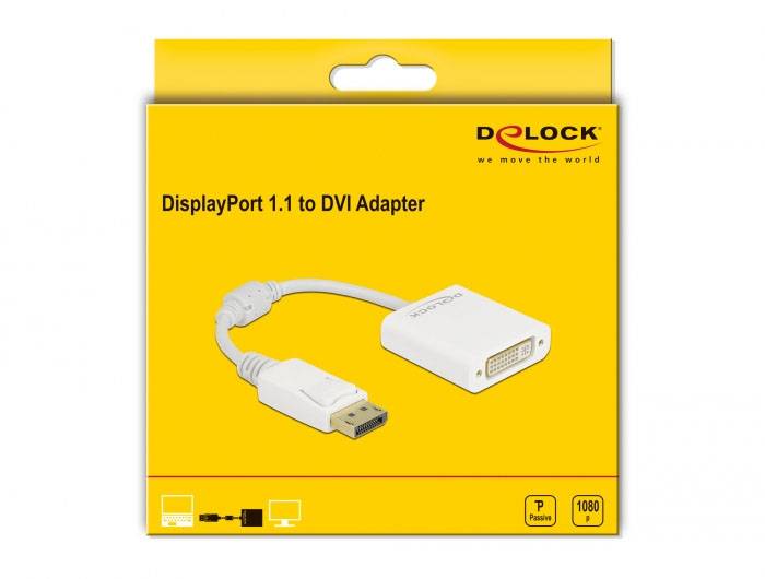 Zobrazení obalu pro adaptér DeLock DisplayPort 1.1 na DVI, který ukazuje adaptér a jeho konektory.