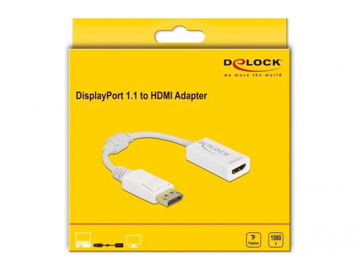 Obal adaptéru 'DisplayPort 1.1 na HDMI' od společnosti Delock. Zobrazuje obrázek adaptéru s konektorem DisplayPort a konektorem HDMI.