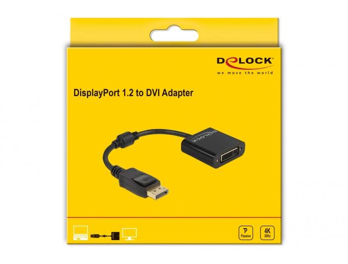 DisplayPort 1.2 na DVI adaptér v žlutém kartonu, vhodný pro 4K přenos videa.