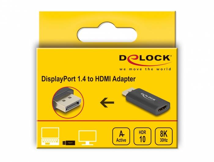Balení adaptéru Delock DisplayPort 1.4 na HDMI s podporou HDR10 a 8K při 30 Hz, vhodné pro počítač a laptop.