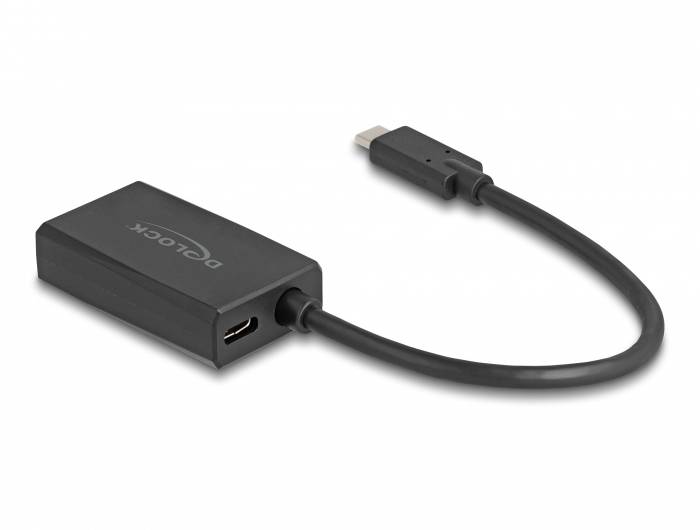 Adaptér 'Delock', černý, s HDMI kabelem na jednom konci a USB-C konektorem na druhém konci, vhodný pro přenos videa.