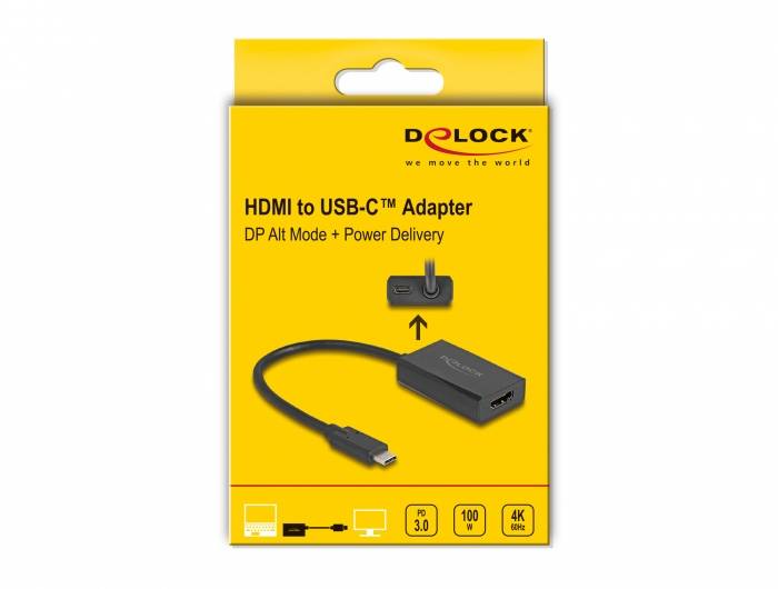 Žlutý obal adaptéru HDMI na USB-C od společnosti Delock, s podporou DP Alt Mode a Power Delivery. Podporuje rozlišení 4K. Vyobrazení zařízení.
