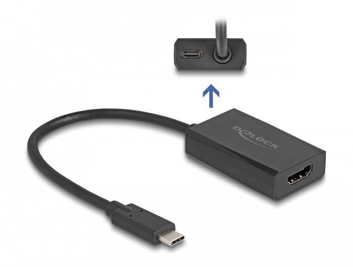 Adaptér USB-C na HDMI s konektorem USB-C a vstupem HDMI, který zobrazuje kabel pro připojení zařízení.