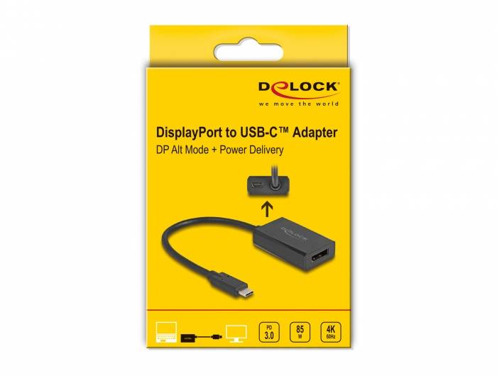 Žlutý obal adaptéru DisplayPort na USB-C od značky Delock s podporou DP Alt Mode a Power Delivery.