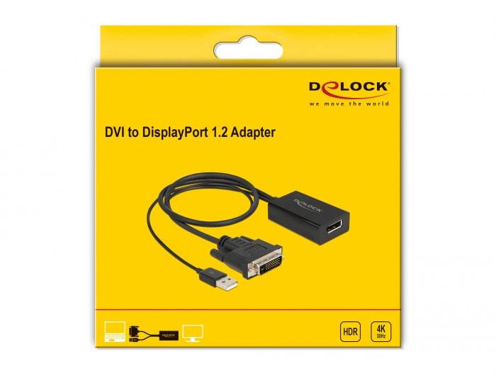 Žlutý obal adaptéru 'DVI na DisplayPort 1.2' od společnosti Delock. Zobrazuje adaptérový kabel s DVI konektorem a DisplayPort zásuvkou.