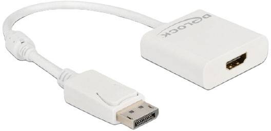 Bílý adaptér s konektorem DisplayPort na jedné straně a zdířkou HDMI na straně druhé. Značka 'Delock'.