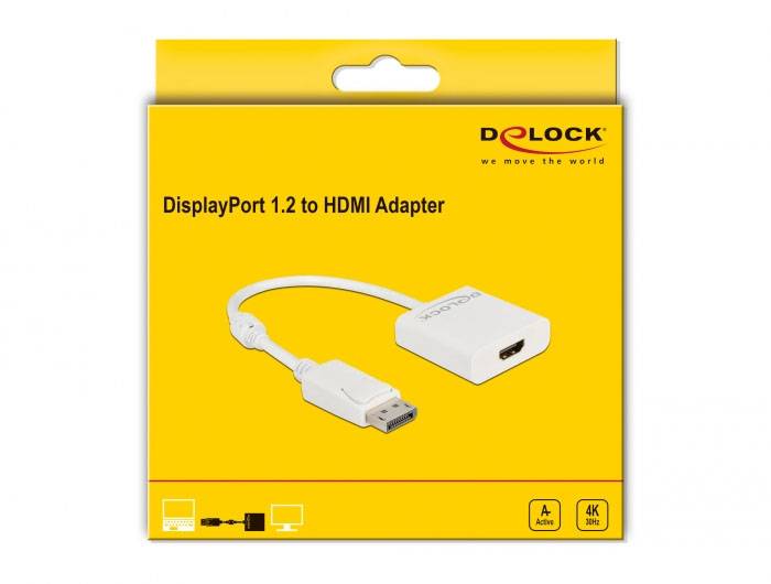 Adaptér DisplayPort 1.2 na HDMI od společnosti Delock v žluté krabičce. Vhodný pro 4K, zobrazuje DisplayPort a HDMI konektory.