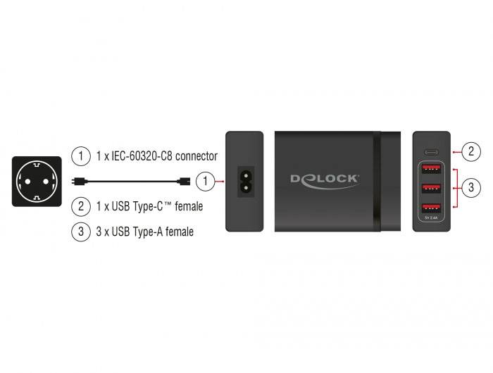 Delock 63974 USB nabíječka, USB Power Delivery (USB-PD) , Nadproudová ochrana, USB-C®, USB A, 60 W, Dodávka energie, čer-4