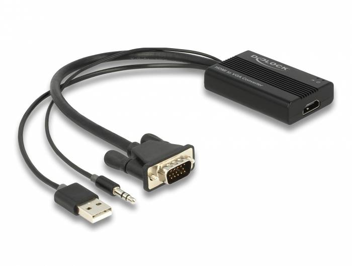 Černý adaptérový kabel s VGA, USB a audio konektory, který vede do HDMI připojovací krabice. Značka: DeLock.