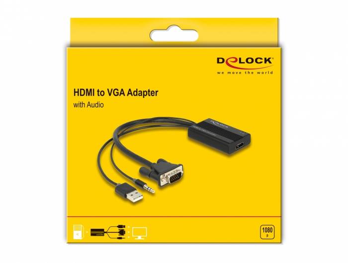 HDMI na VGA adaptér s audiokonektorem pro připojení zařízení kompatibilních s HDMI k zařízením s VGA výstupem. Obsahuje HDMI, VGA a USB kabely.