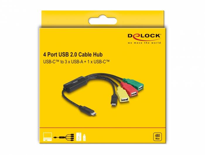 Delock 64203 USB Hub 3 + 1 port USB-A, USB-C® USB 2.0 480 MBit/s s konektorem USB C vícebarevná 64203-4