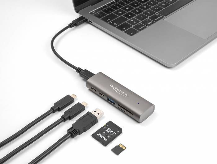Delock 64236 USB Hub 2 + 1 port USB-A, USB-C®, SD, microSD USB 3.2 Gen2 10 GBit/s s konektorem USB C šedá 64236-3