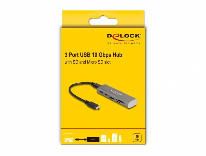 Delock 64236 USB Hub 2 + 1 port USB-A, USB-C®, SD, microSD USB 3.2 Gen2 10 GBit/s s konektorem USB C šedá 64236-4
