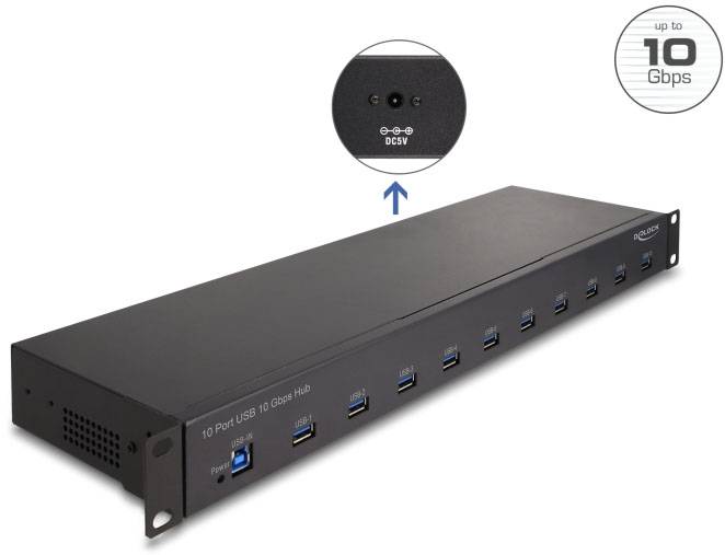 Delock 64240 USB Hub 10 portů USB-A, DC zásuvka 3,5 mm USB 3.2 Gen1 5 GBit/s černá 64240-3