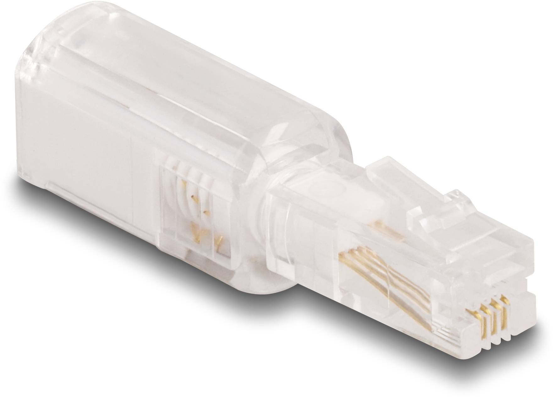 RJ45 konektor, průhledný, se zlatými kontakty, se používá pro síťová připojení.