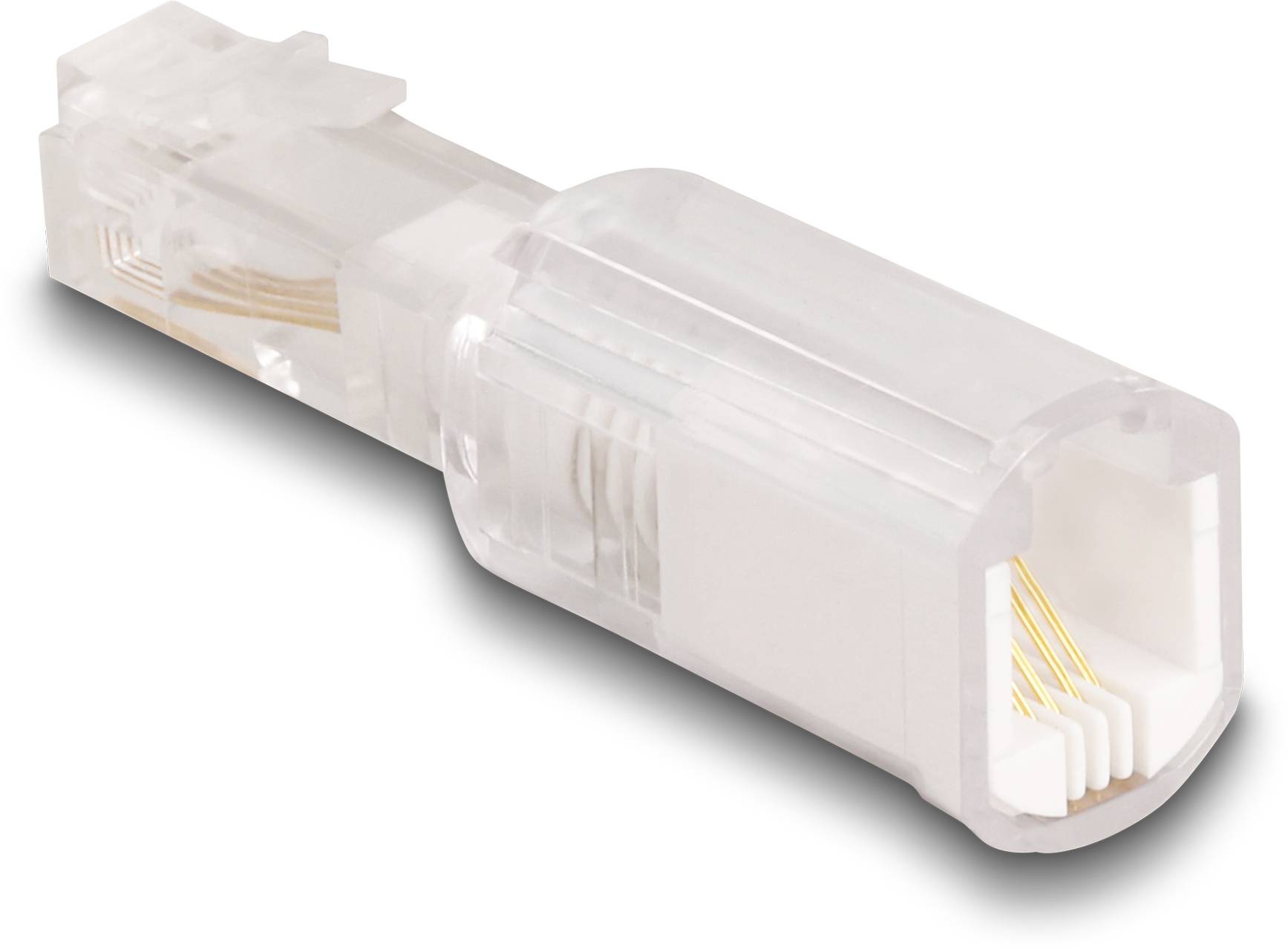 Průhledný RJ45 konektor pro připojení síťových kabelů, který odhaluje vnitřní zlaté kontakty.