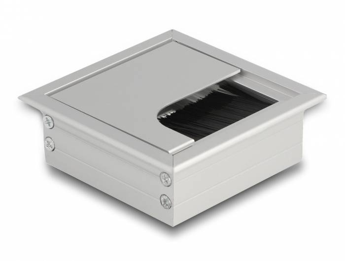 Kovový kabelový kanál s kartáčovým krytem, vhodný pro použití v pracovních stolech k uspořádané správě kabelů.