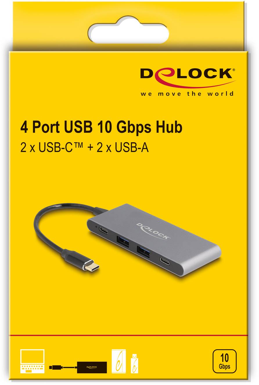 Delock 64111 USB Hub 2 + 2 port USB-A, USB-C® USB 3.2 Gen2 10 GBit/s s konektorem USB C šedá 64111-3