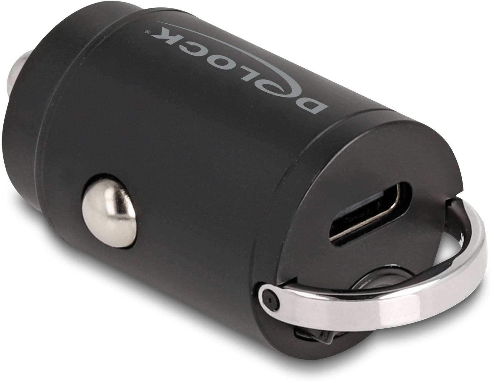 Černá automobilová USB nabíječka se stříbrným tlačítkem a nápisem 'Delock'.