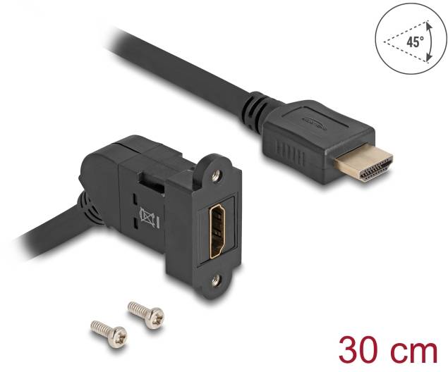 HDMI kabel s pevnou zásuvkou a HDMI konektorem, dlouhý 30 cm. Součástí balení jsou dva upevňovací šrouby.