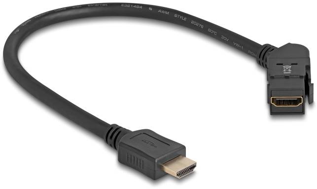 Černý HDMI kabel s rovným a pravoúhlým konektorem, vhodný pro stísněné prostory za zařízeními.