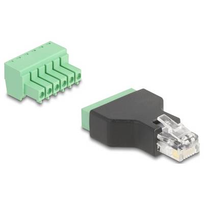 Zelený RJ45 adaptér se svorkovnicí, vhodný pro úpravu síťových kabelů na volné vodiče.