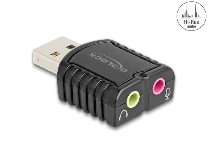 Externí USB zvuková karta v černé barvě s konektory pro sluchátka a mikrofon. Symbol 'Hi-Res Audio' v pravém horním rohu.