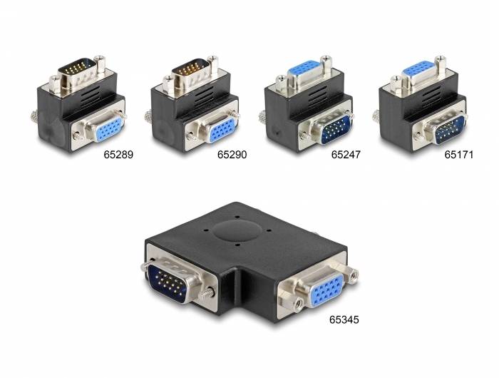 Pět různých VGA adaptérů s čísly dílů pro zobrazení. Každý adaptér má modrou VGA zásuvku a centrální obdélníkový tvar.