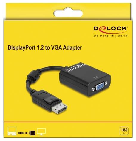 Krabice adaptéru DisplayPort 1.2 na VGA od společnosti Delock, zobrazená s kabelem a konektory, rozlišení 1080p.