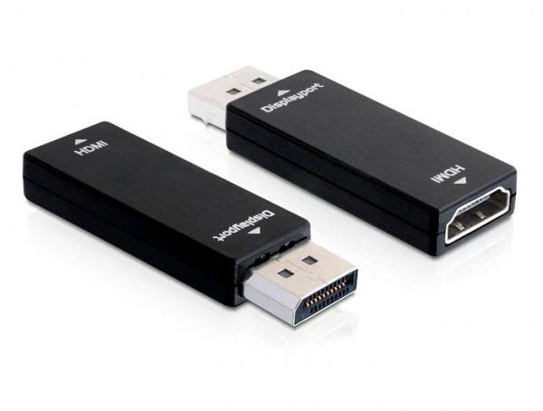 Dva černé adaptéry, jeden s konektorem DisplayPort a druhý s konektorem HDMI. Převádějí signály mezi DisplayPort a HDMI.