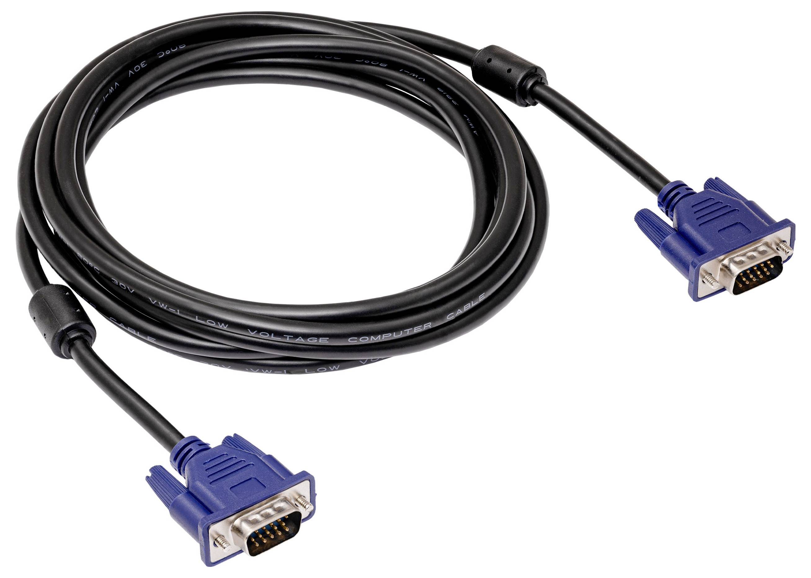 VGA kabel s modrými konektory na obou koncích. Typicky se používá k propojení počítače s monitorem.