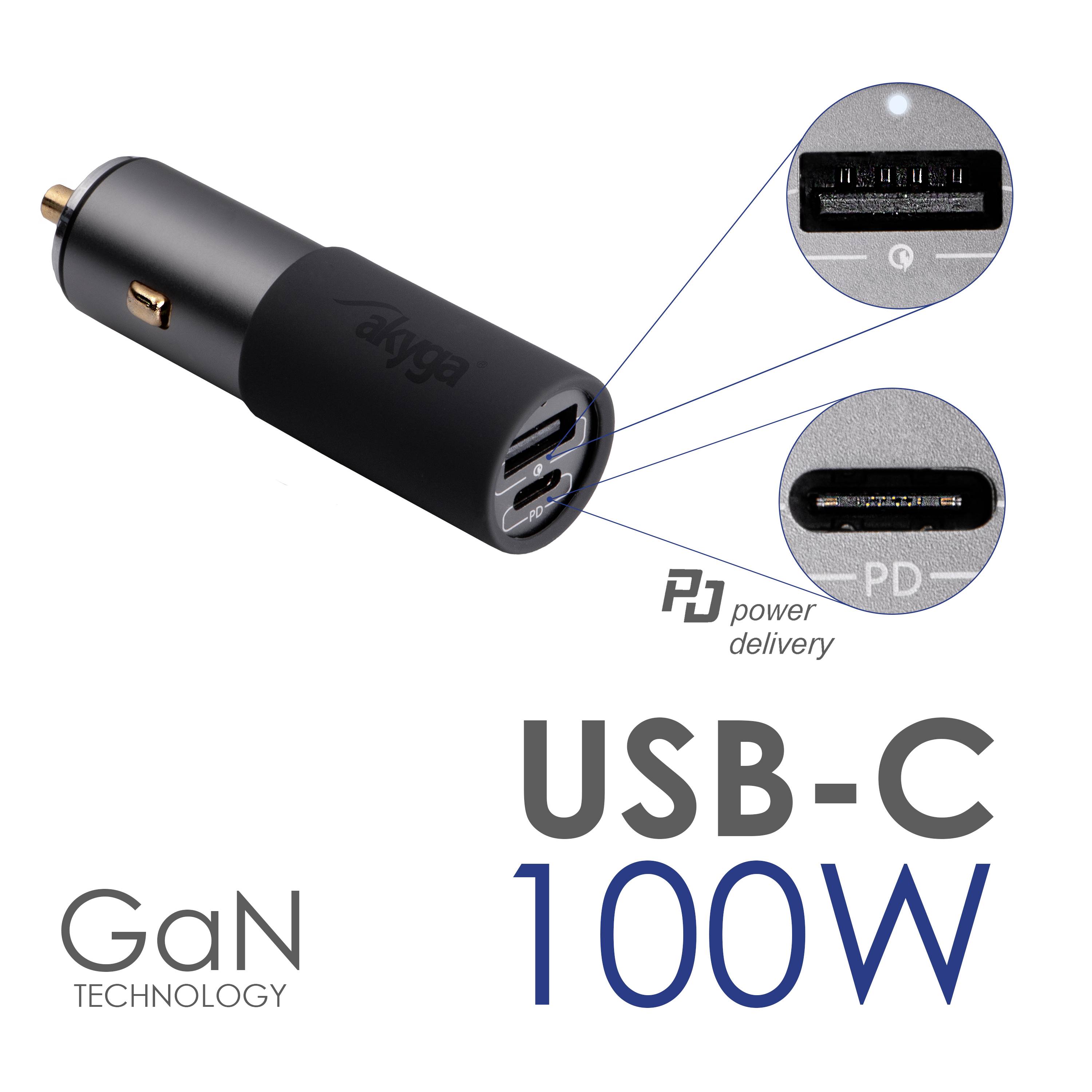 USB-C autoadaptér s výkonem 100 W, dva porty. Vhodný pro rychlé nabíjení zařízení s technologií USB-C Power Delivery. Označení 'GaN Technology'.