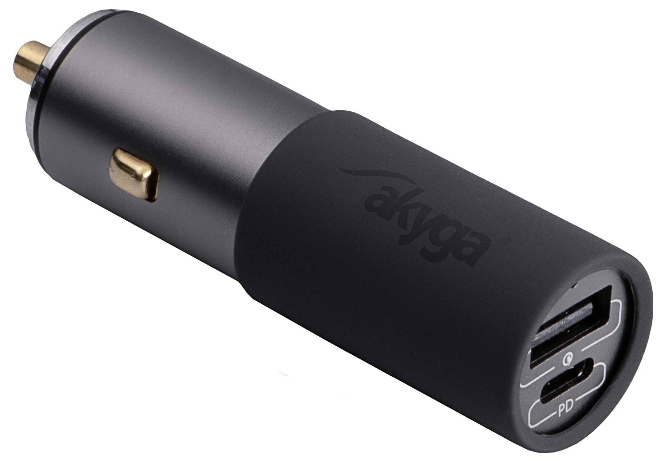 Černá autonabíječka se dvěma USB výstupy a jedním USB-C výstupem. Název značky 'akyga' na boku. Kompatibilní s PD.