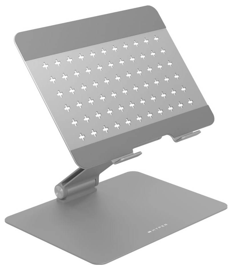 Stříbrný nastavitelný stojan na notebook s moderním designem; nabízí větrání prostřednictvím hvězdicovitých otvorů na povrchu.