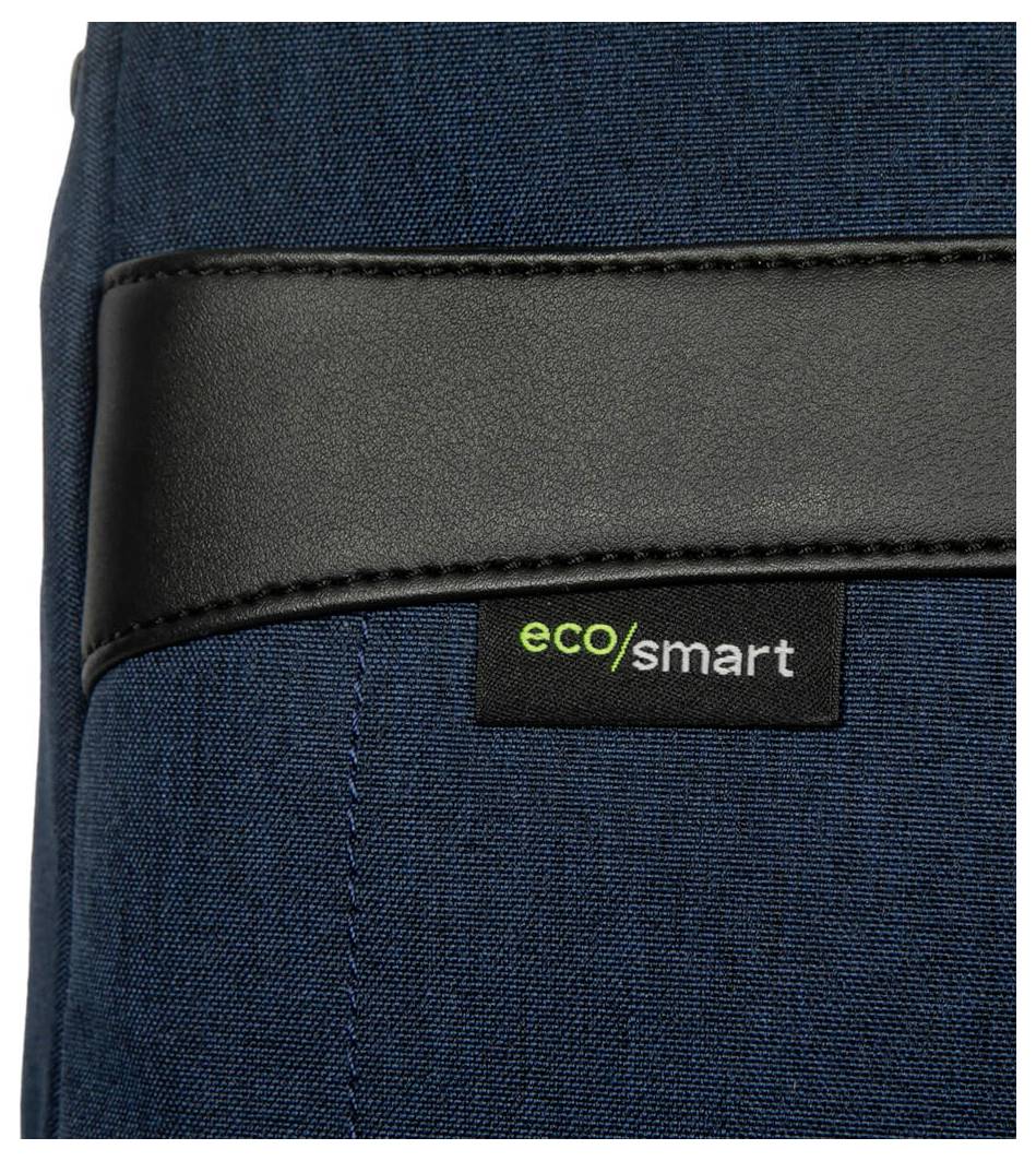 Tmavě modrá látka s černou koženou páskou, na štítku je napsáno 'eco/smart'.
