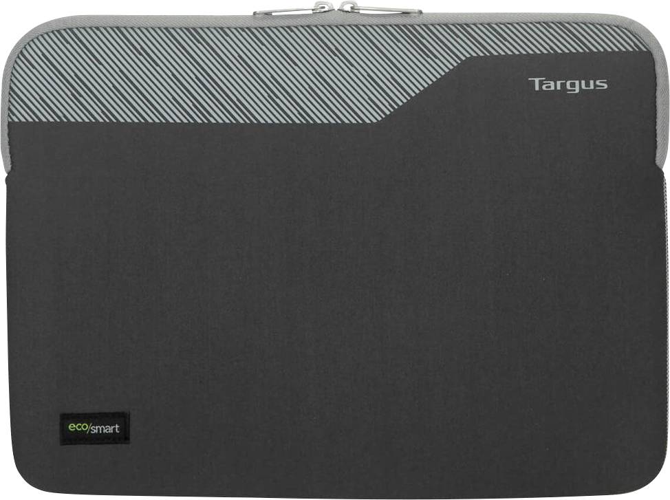Ochranný obal na notebook potažený šedou látkou se šikmým proužkovaným vzorem v horní části. Název značky 'Targus' v pravém horním rohu. Štítek 'EcoSmart' v levém dolním rohu.
