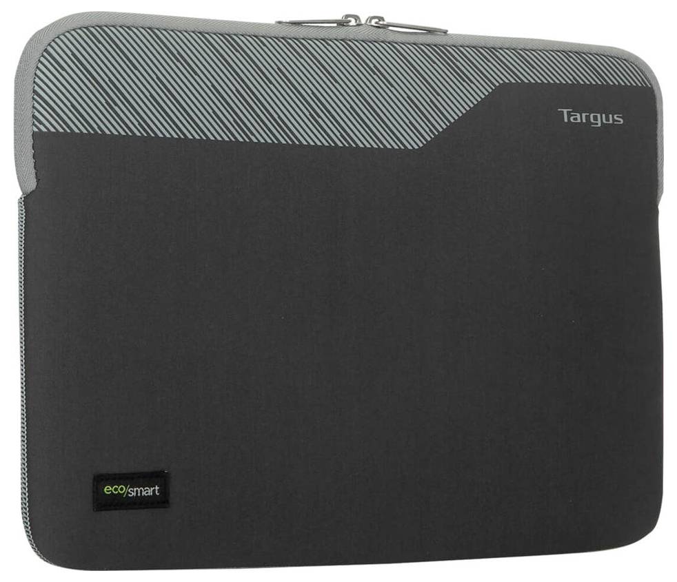 Ochranný obal od Targus pro laptopy, šedý s diagonálním proužkovaným vzorem nahoře; viditelné logo 'Targus' a 'ecosmart'.