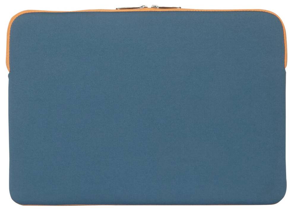Modrý obal na notebook s oranžovým lemováním, obdélníkový tvar.