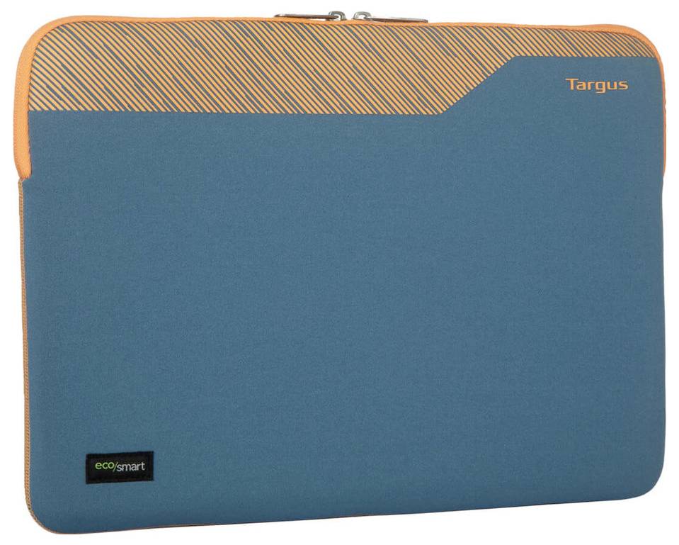 Modrý obal na notebook od značky 'Targus' s oranžovými akcenty a štítkem 'ecosmart'.