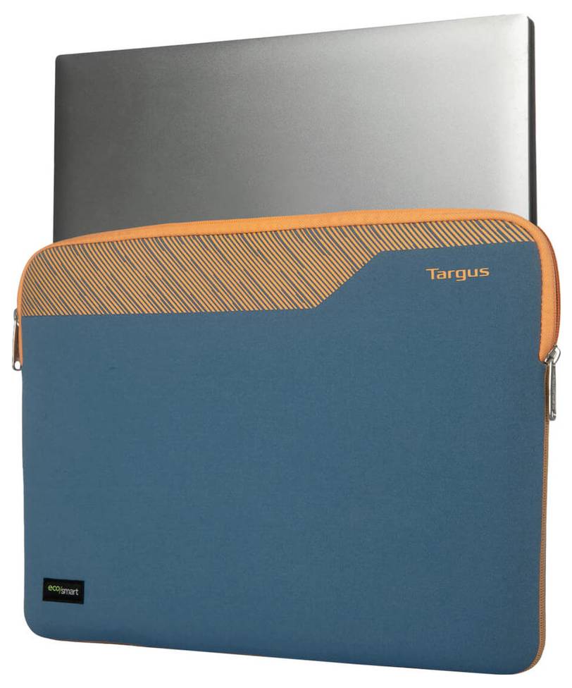 Modrá brašna na notebook s oranžovým lemováním na horní straně je částečně otevřená a odhaluje stříbrný notebook.