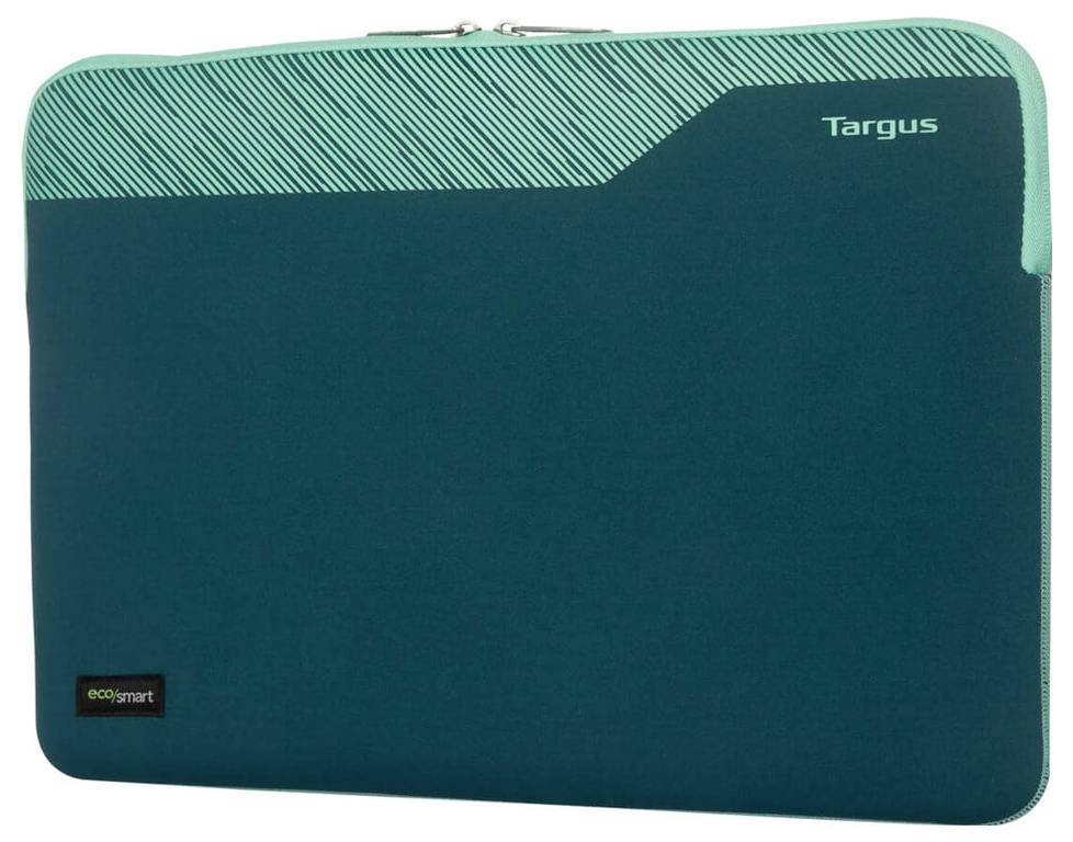 Tyrkysový obal na notebook značky 'Targus', s geometrickým vzorem a logem 'ecosmart' v levém horním rohu.